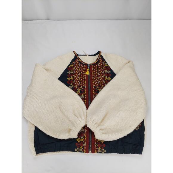 Free People Oversized Boho Boucle Bell Two Faced Embroidered Blue Red Jacket S - Picture 4 of 15